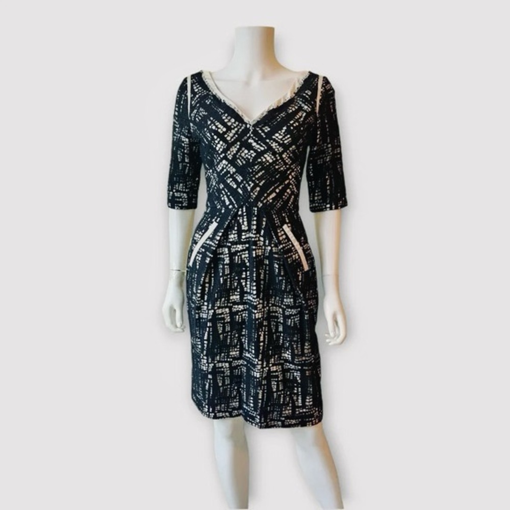 LELA ROSE Lace Crochet Sweetheart Silk Piping Trim Pencil Sheath Retro Dress 10